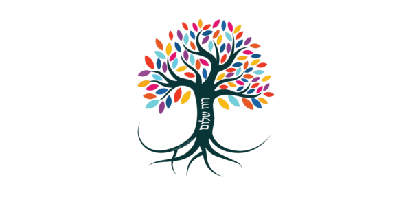 Ruach Shalom logo, a black olive tree with leaves in rainbow colors