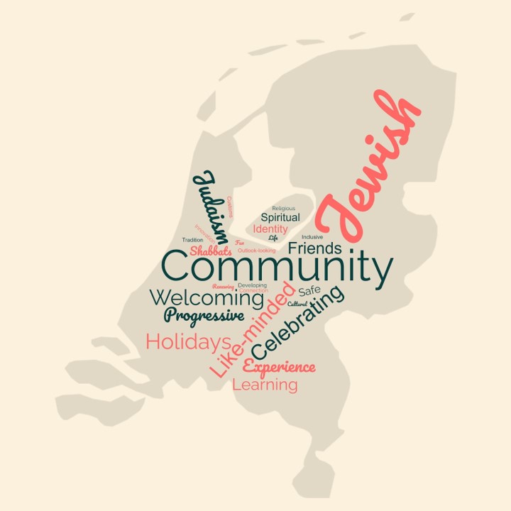 Word cloud about Chavurah Ruach Shalom with a map of the Netherlands asl background